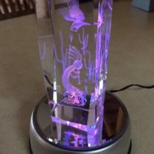 Kokopelli Cacti 3D Etched Hologram Crystal Glass w/ Lighted RGB Rotating Stand
